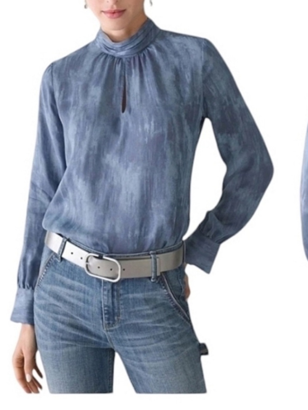 NWOT White House | Black Market - Blue Keyhole Mock Neck Longsleeve Blouse - Picture 4 of 12